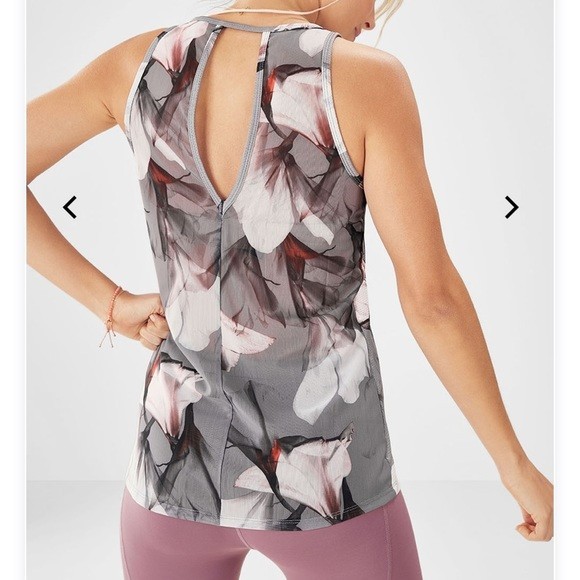 Fabletics Floral Bess Tank Top Mesh Workout Lightweight Gray Cutout Back Small - Picture 3 of 13